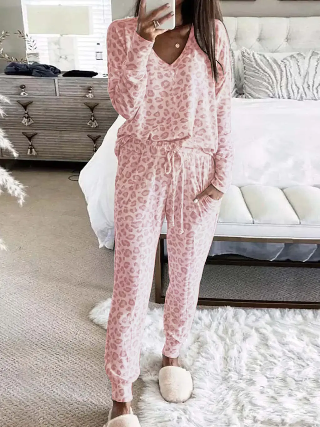 Top And Trousers Homewear Leopard Suit - Pink