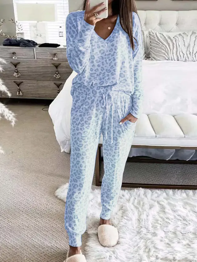 Top And Trousers Homewear Leopard Suit Sky Blue - Shop at LoveMi