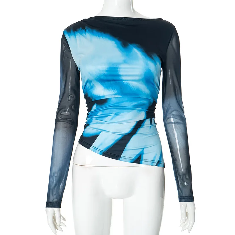Women's Comfort Printing Slim-fit Long-sleeved Pleated Top - Black