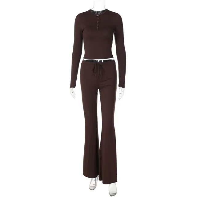 Women's Fashion Slim Top Lace up Trousers Two piece Set Brown - Shop at LoveMi
