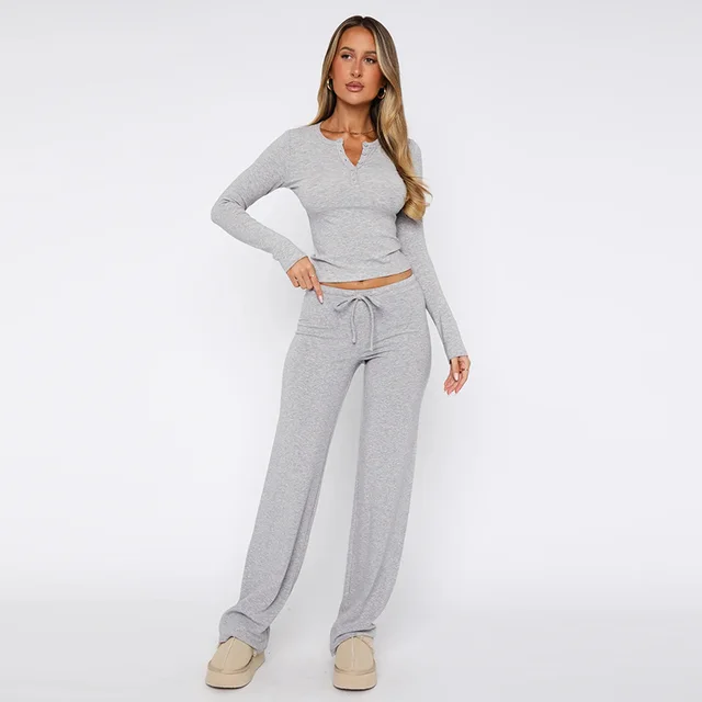 Women's Fashion Slim Top Lace up Trousers Two piece Set Light Gray - Shop at LoveMi