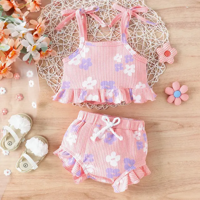 Multicolor Waffle Printed Lace Up Top Shorts Lavender Purple - Shop at LoveMi