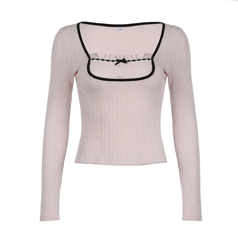 French Sweet Girl Stitching Contrast Color Long Sleeves T shirt Pink - Shop at LoveMi