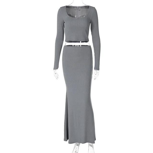 Women's Fashion U shaped Collar Lace Trim Top Suit Gray - Shop at LoveMi