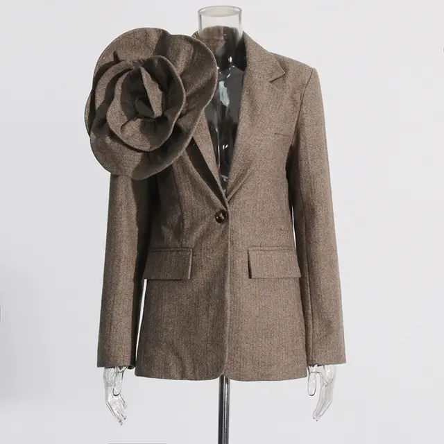 New Three dimensional Flower Casual Suit Jacket Coffee Top - Shop at LoveMi