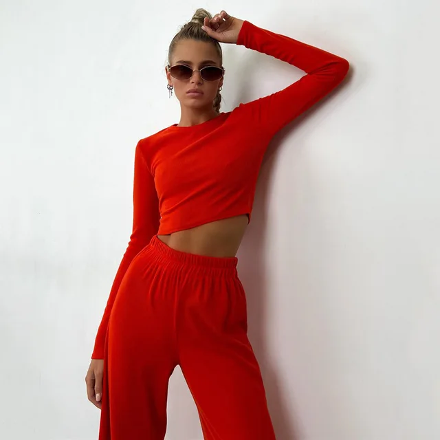 Women's Long Sleeve Fashion Sunken Stripe Trousers Two piece Set Red - Shop at LoveMi