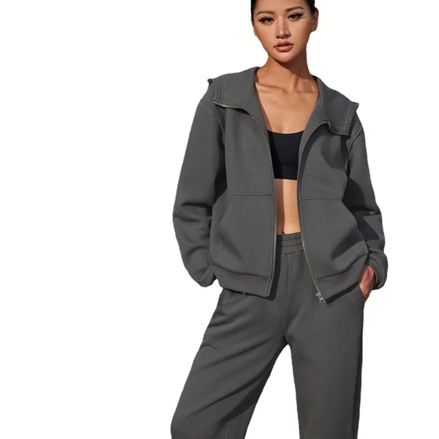 Women's Solid Color Hooded Long Sleeve Ankle tied Suit Dark Gray - Shop at LoveMi