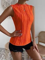 Women's Half Turtleneck Wide Pattern Vest Summer Retro Chic Sleeveless Top - Orange - View 1