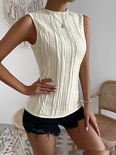 Women's Half Turtleneck Wide Pattern Vest Summer Retro Chic Sleeveless Top White - Shop at LoveMi