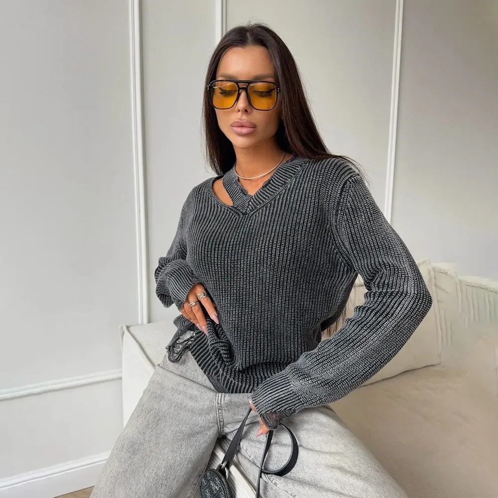 Hollow Design Sense Washed And Worn Sweater Long Sleeve Bb2342 Dark Gray - Shop at LoveMi