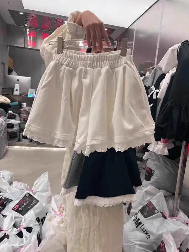 Lace Edge Stitching Elastic High Waist Wide Leg Pants White - Shop at LoveMi