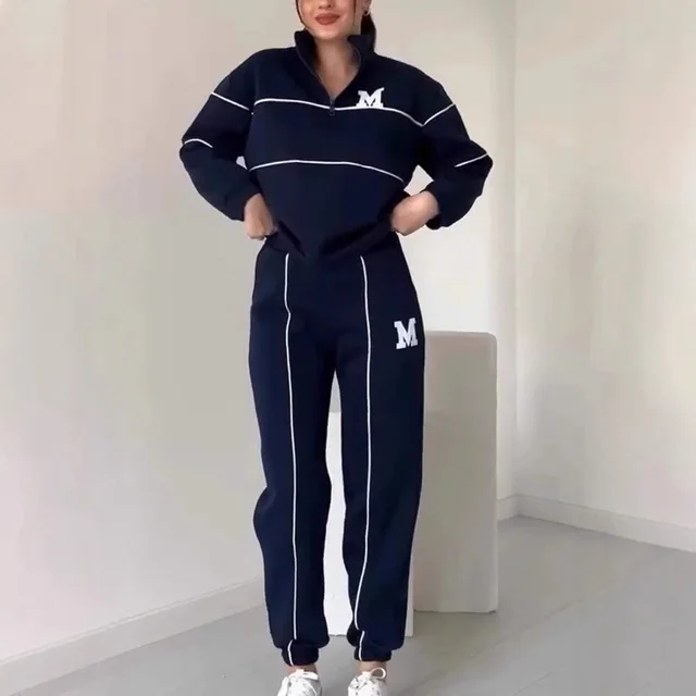 Womens Outfits Lounge Hoodless Pullover Sweatshirt Sweatsuit Sets Sweatshirt Baggy Fashion Sweatpants With Pockets Navy Blue - Shop at LoveMi