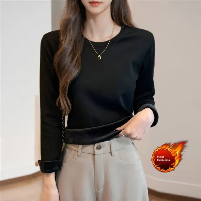 Autumn And Winter Velvet Padded Bottoming Shirt Women Black - Shop at LoveMi