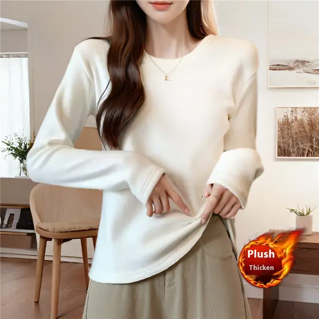 Autumn And Winter Velvet Padded Bottoming Shirt Women White - Shop at LoveMi