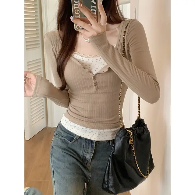 Apricot Pure Lace Bm Floral Long Sleeve Milk Coffee Color - Shop at LoveMi
