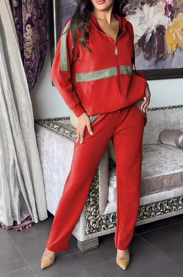 Women's Long sleeved Trousers Sweater 2 piece Set Red - Shop at LoveMi