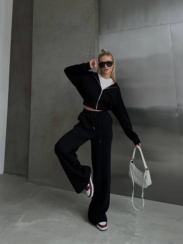 Long Sleeve Zipper Hooded Sweater Solid Color Laced Pants Two piece Set Black - Shop at LoveMi