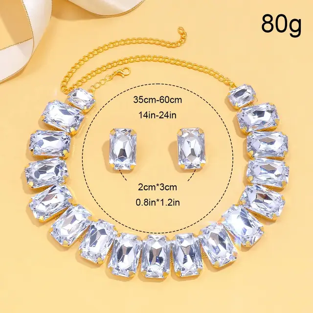 Light Luxury Geometric Crystal Necklace Suit Square Exaggerated Earrings Jewelry Set Decorations Gold - Shop at LoveMi