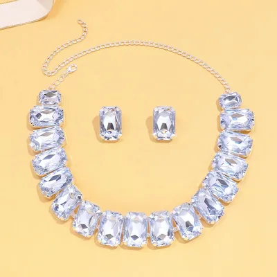Light Luxury Geometric Crystal Necklace Suit Square Exaggerated Earrings Jewelry Set Decorations Silver - Shop at LoveMi