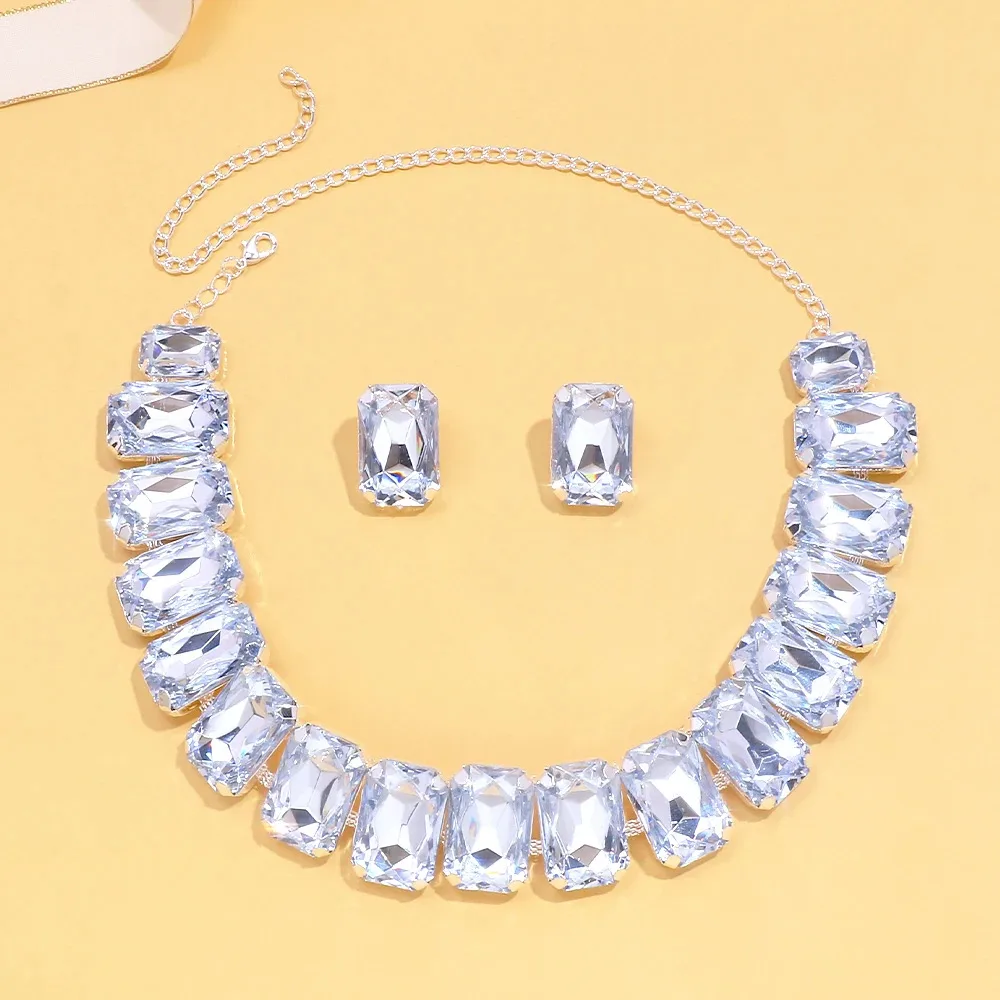 Light Luxury Geometric Crystal Necklace Suit Square Exaggerated Earrings Jewelry Set Decorations - Silver