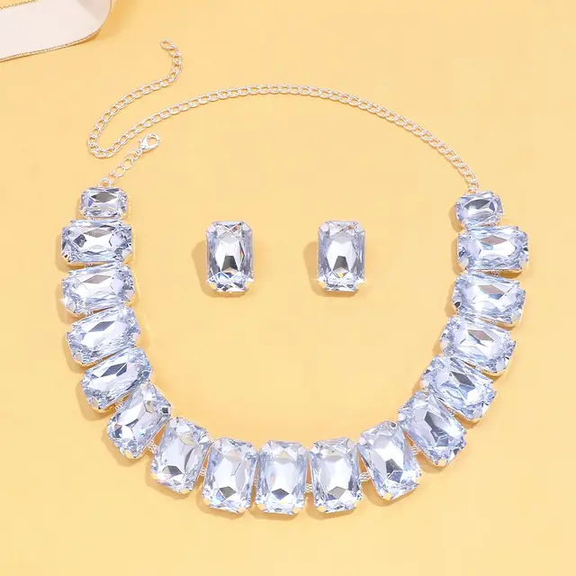 Light Luxury Geometric Crystal Necklace Suit Square Exaggerated Earrings Jewelry Set Decorations Silver - Shop at LoveMi