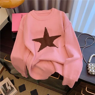Idle Style Five pointed Star Crew Neck Pullover Sweater Pink - Shop at LoveMi