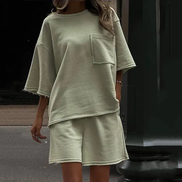 Women's Round Neck Short Sleeve Elastic Sports Shorts Green - Shop at LoveMi