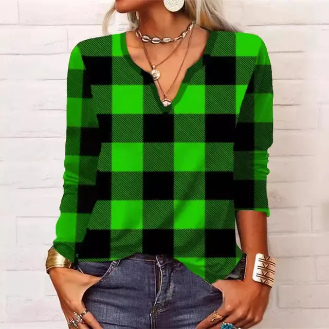 Plaid & Printed Top V neck Loose Long Sleeve Shirt For Women Green - Shop at LoveMi