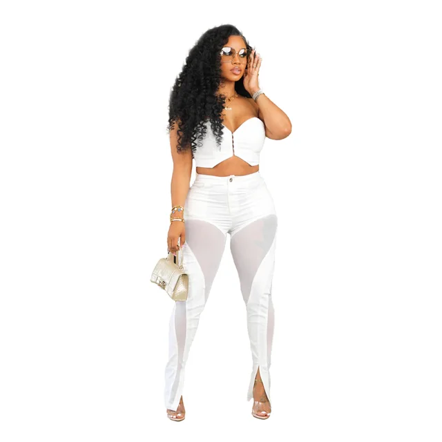Tube Top Mesh Midriff Outfit Two piece Trousers White - Shop at LoveMi