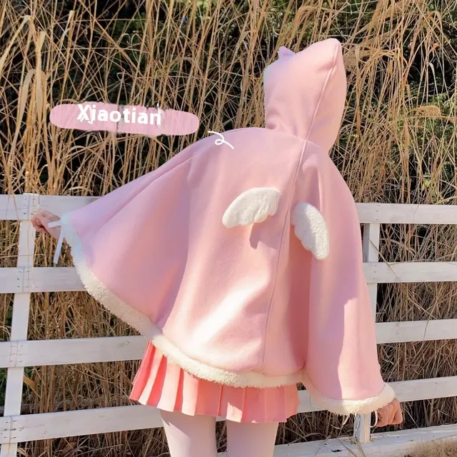 Plus Size New Winter Christmas Japanese Style Hooded Small Shawl Woolen Coat Pink - Shop at LoveMi