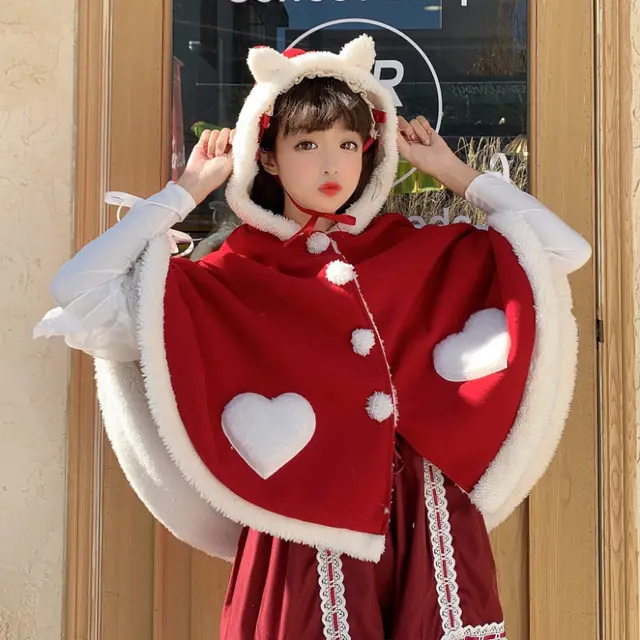 Plus Size New Winter Christmas Japanese Style Hooded Small Shawl Woolen Coat Wine Red - Shop at LoveMi