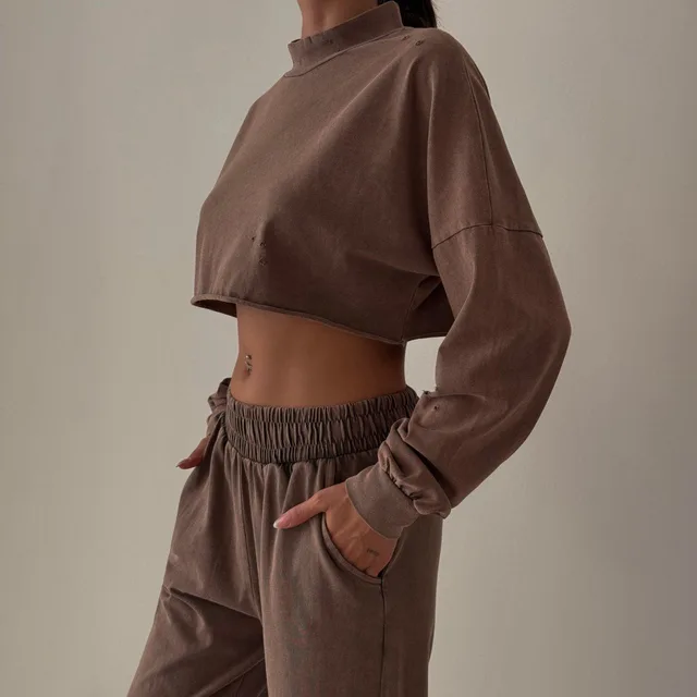 Women's Half Turtleneck Curling Short Street Two piece Set Zy4516 Brown - Shop at LoveMi