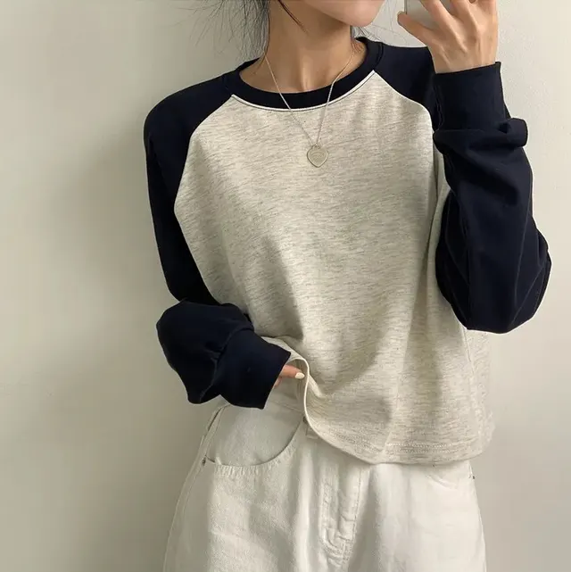 Contrast Color Sweatshirt Minimalist Preppy Style Bottoming Shirt Black Thin - Shop at LoveMi