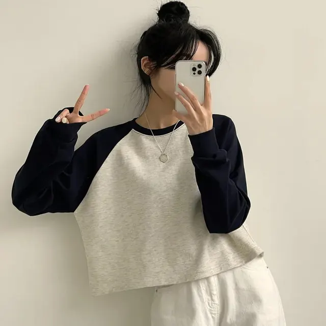 Contrast Color Sweatshirt Minimalist Preppy Style Bottoming Shirt Black Velvet - Shop at LoveMi