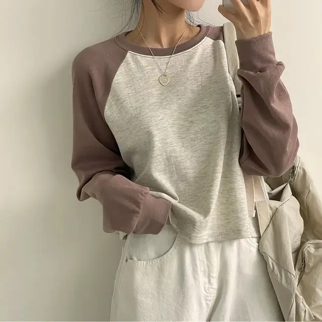 Contrast Color Sweatshirt Minimalist Preppy Style Bottoming Shirt Brown Thin - Shop at LoveMi
