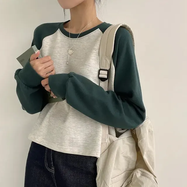 Contrast Color Sweatshirt Minimalist Preppy Style Bottoming Shirt Green Thin - Shop at LoveMi
