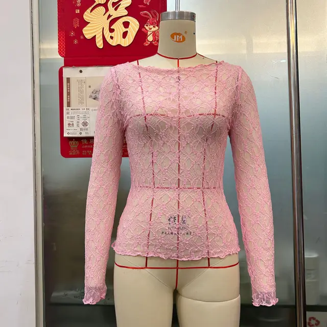 Women's Lace Mesh T shirt Wavy Top Pink - Shop at LoveMi