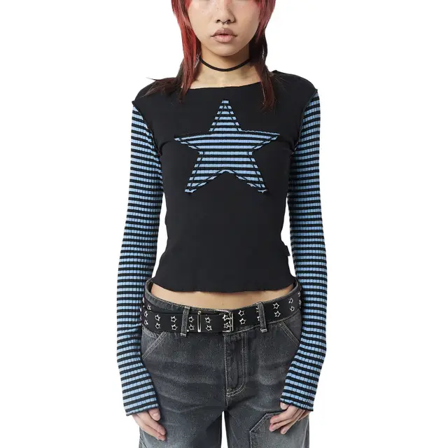 XINGX Women's Striped Long Sleeve Striped Patchwork Top Blue - Shop at LoveMi