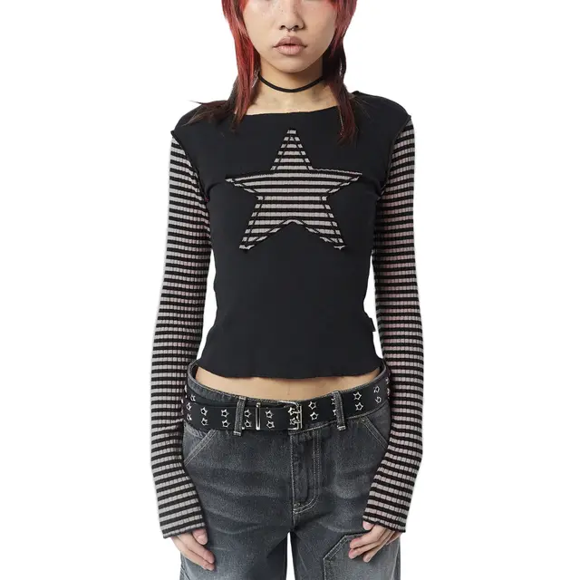 XINGX Women's Striped Long Sleeve Striped Patchwork Top Gray - Shop at LoveMi