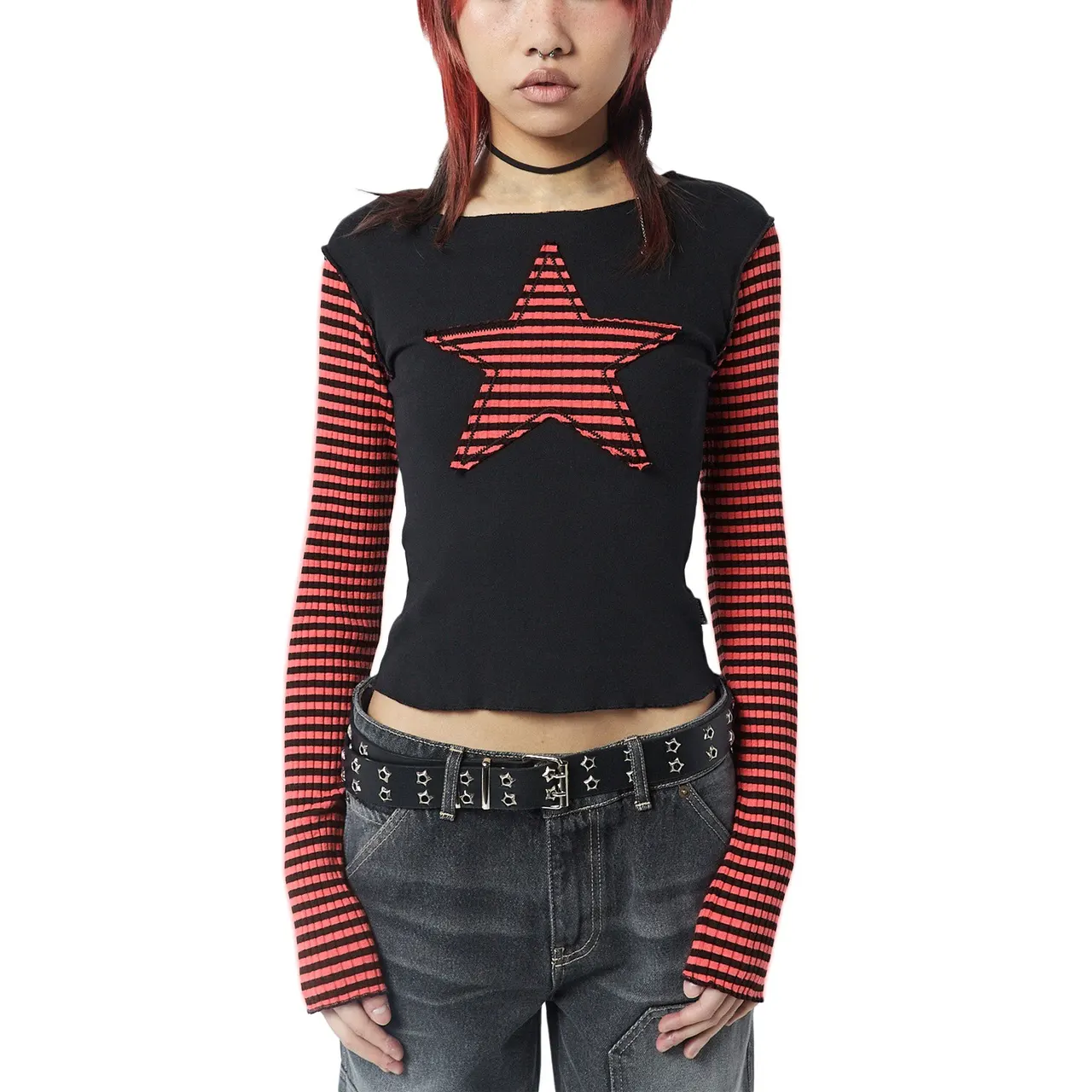 XINGX Women's Striped Long Sleeve Striped Patchwork Top - Orange Red