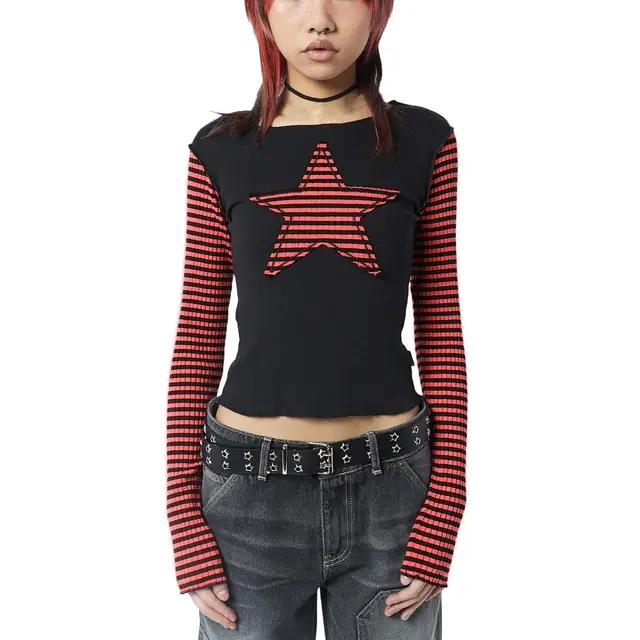 XINGX Women's Striped Long Sleeve Striped Patchwork Top Orange Red - Shop at LoveMi