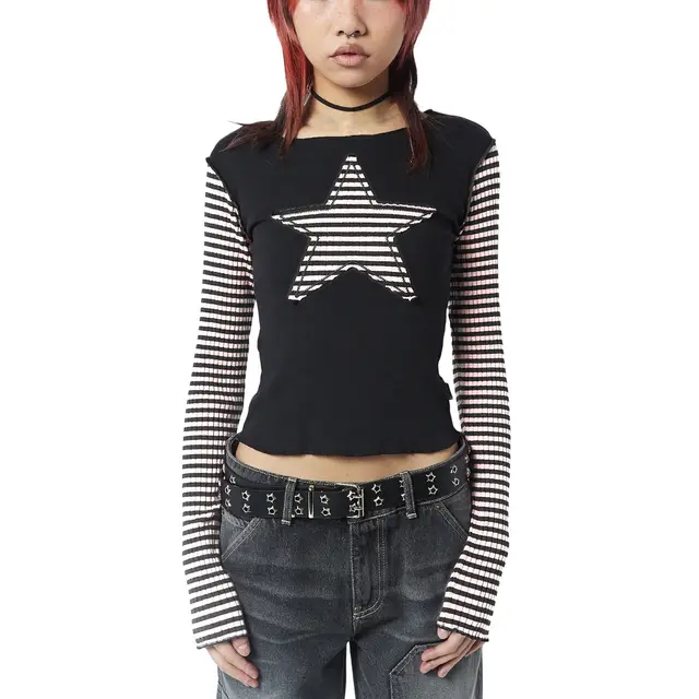 XINGX Women's Striped Long Sleeve Striped Patchwork Top White - Shop at LoveMi