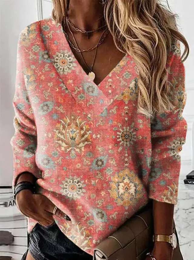 Plus Size Loose V neck Printed Top Orange - Shop at LoveMi