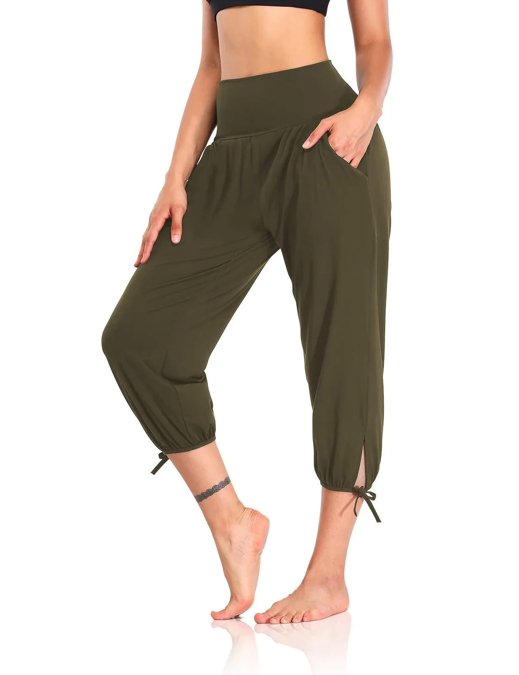 Loose Comfort And Casual Cropped Knitted Jogger Pants - Army Green