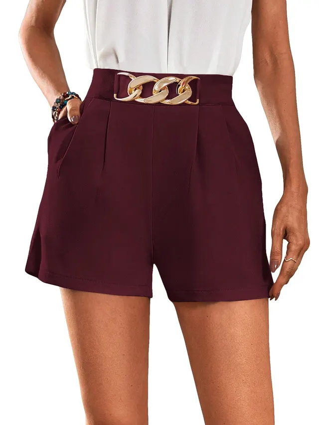 Casual Women's Elegant High Waist Crimp Straight Leg Shorts Wine Red - Shop at LoveMi