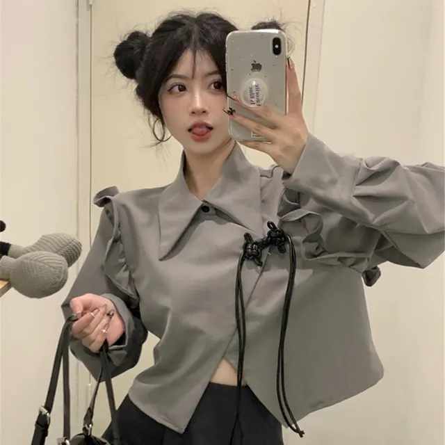 Sweet Design Ruffled Long Sleeve Short Coat Women Gray - Shop at LoveMi