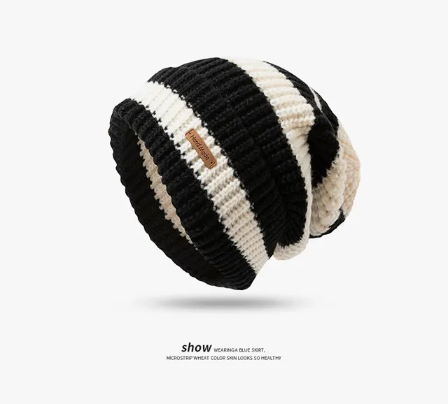 Japanese Style Stripe Letters Loose Big Head Circumference Woolen Cap Black - Shop at LoveMi