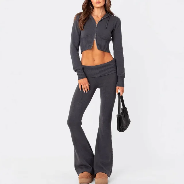 Women's Solid Color Slim Fit Short Hood Top Casual Pants Suit Dark Gray - Shop at LoveMi
