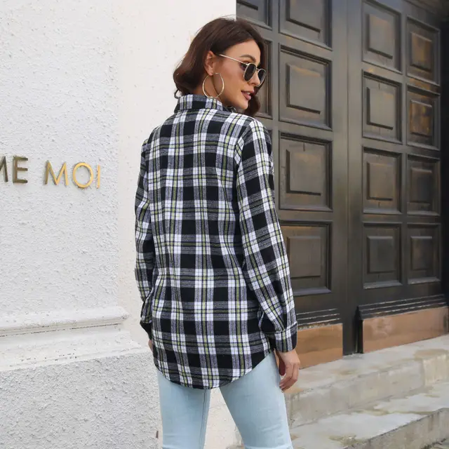 Plaid Shirt Brushed Long Sleeve Mid length Loose Shirt Black - Shop at LoveMi