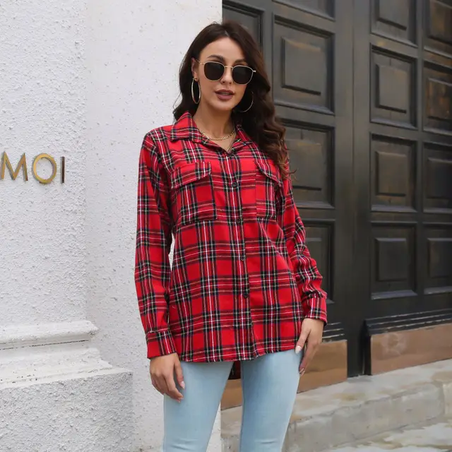 Plaid Shirt Brushed Long Sleeve Mid length Loose Shirt Red - Shop at LoveMi